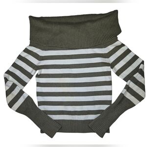 Orange Kiss Off-Shoulder Striped Sweater - Olive and White - Small
